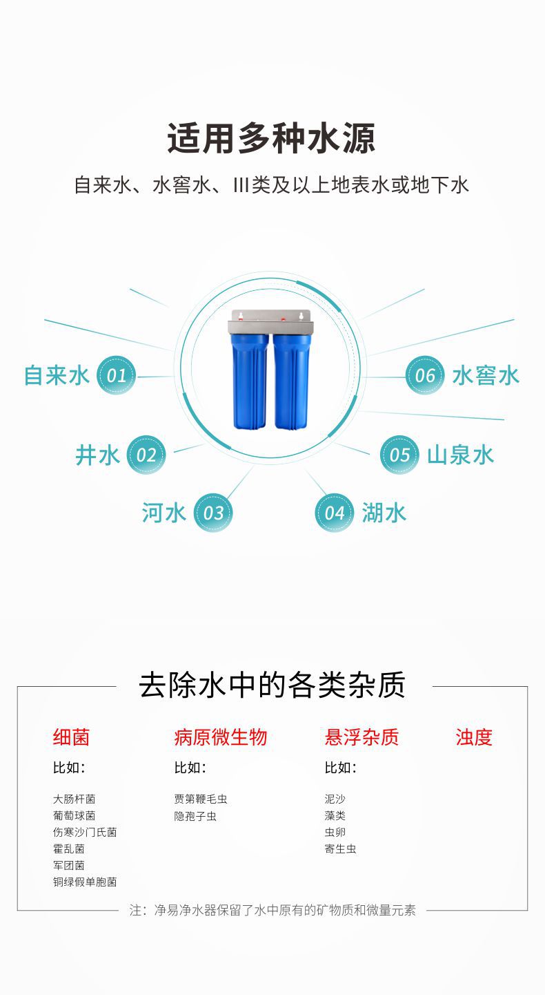 凈易全屋中央前置過濾器可用于農(nóng)村飲水凈化、山區(qū)水源凈化、雨水/井水等地表水及地下水的凈化