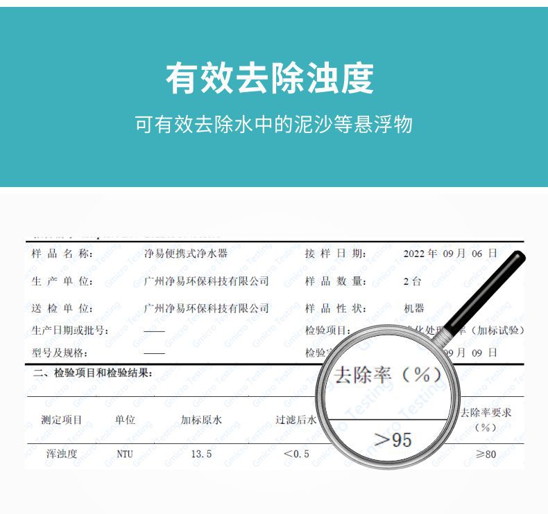 凈易車(chē)載野外便攜式應(yīng)急凈水箱去除濁度檢測(cè)報(bào)告