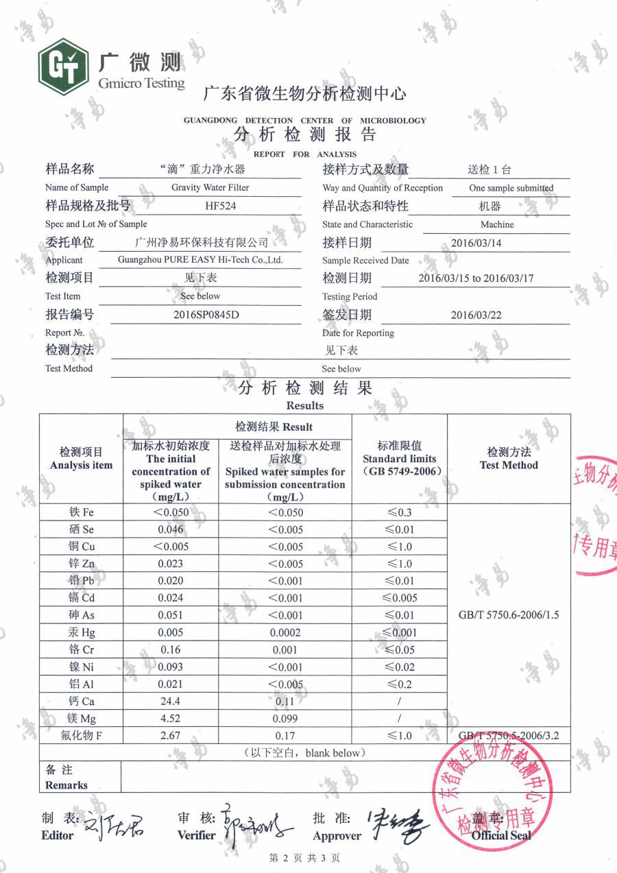 凈易重力凈水器對(duì)水中鉛、鎘、鉻、汞、砷、氟化物等可溶性的離子有明顯的去除效果。